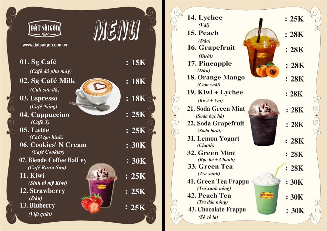 Menu Quán Cafe (Menu Quyển Gáy Kim)